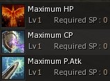 Tela de habilidades adicionais do L2 Oak mostrando HP, CP e P.Atk